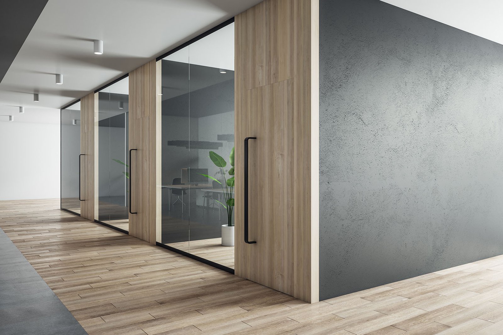 black-sunlit-blank-wall-with-place-your-advertising-poster-minimalistic-design-office-with-wooden-doors-floor-glass-partitions-3d-rendering-mockup